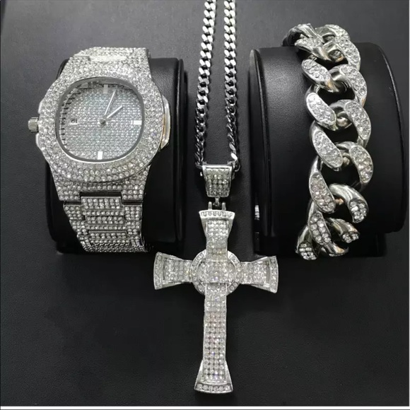 Men’s stainless steel flashy bling jewelry set